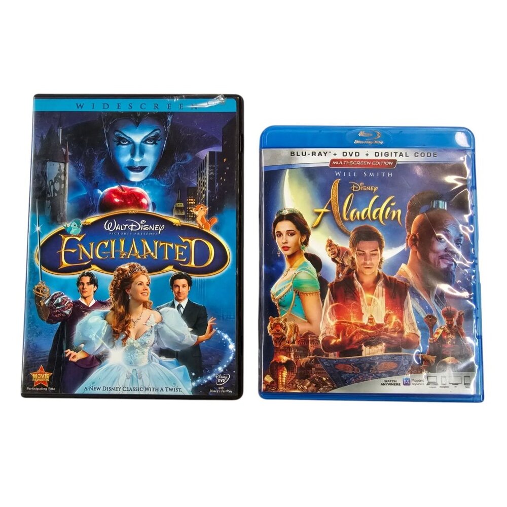 Walt Disney Enchanted Widescreen DVD Aladdin Will Smith Blu Ray Bundle